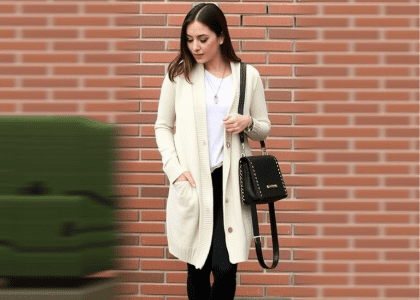 Cream coatigan outfit for women featuring a long beige cardigan, perfect for business casual, winter church events, and everyday casual wear. Styled with jeans and leggings, this versatile look is ideal for moms seeking fashionable and comfortable winter outfits.