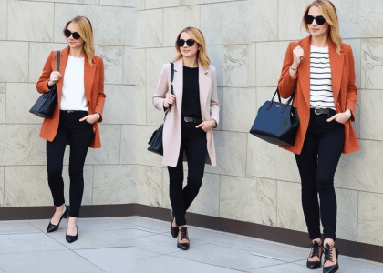Stylish workday outfits featuring a diverse range of professional attire, including tailored blazers, chic blouses, elegant dresses, and fashionable shoes, suitable for a modern office environment.