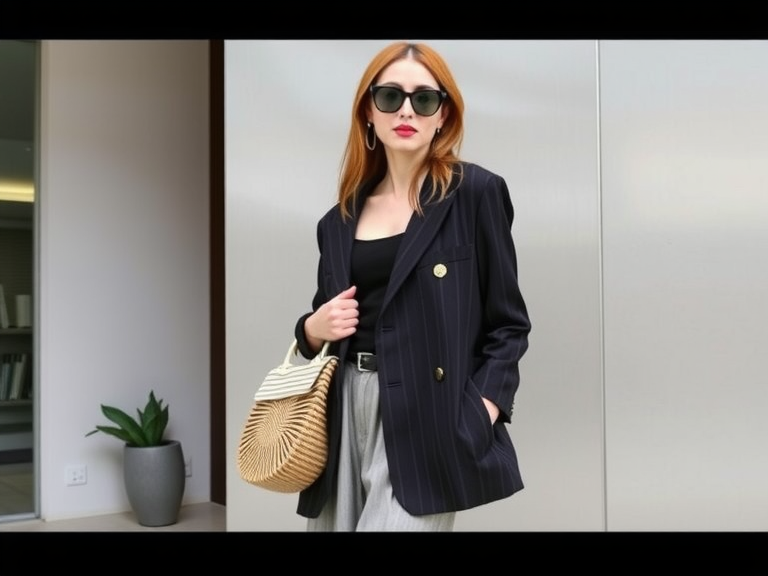 Oversized pinstripe blazer outfit styled for summer lunch, featuring a dressy look with a skirt, perfect for university or dinner events, showcasing a chic and trendy women's fashion ensemble.