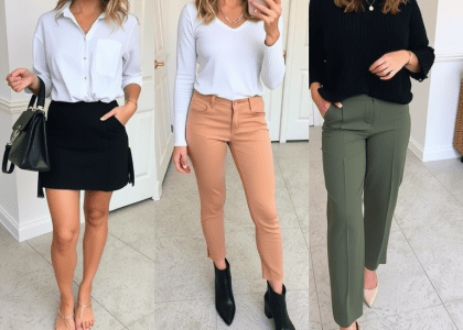 Stylish workday outfits featuring a mix of trendy blouses, tailored trousers, and chic accessories perfect for professional settings.